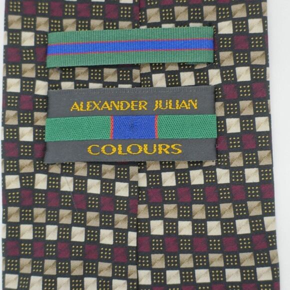 Alexander Julian Colours Black Tan Maroon Red Wide Print Geometric Silk Tie - Picture 3 of 7